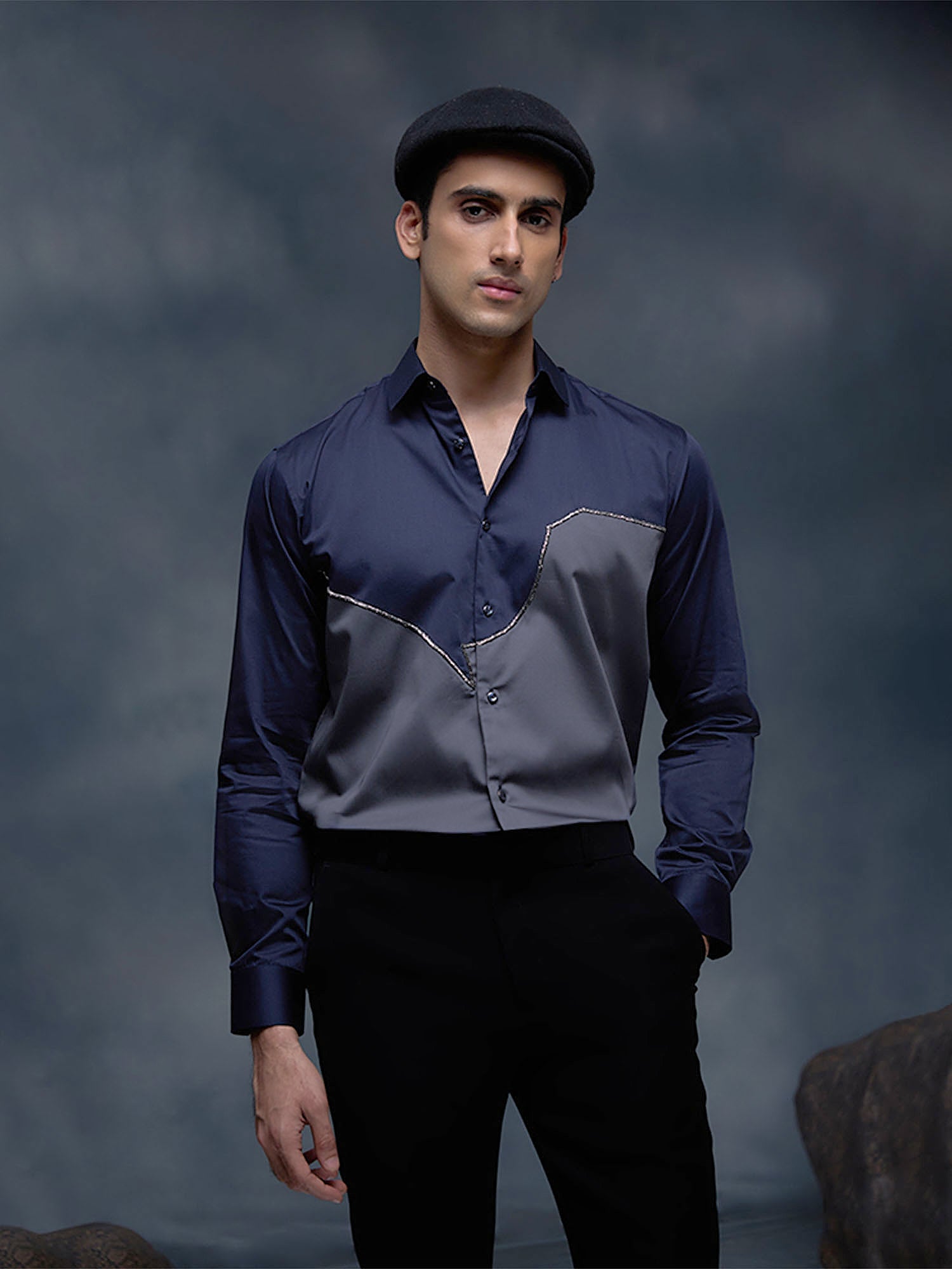 Blue and Grey with Hand Embroidery Premium Cotton Slim Fit Shirt