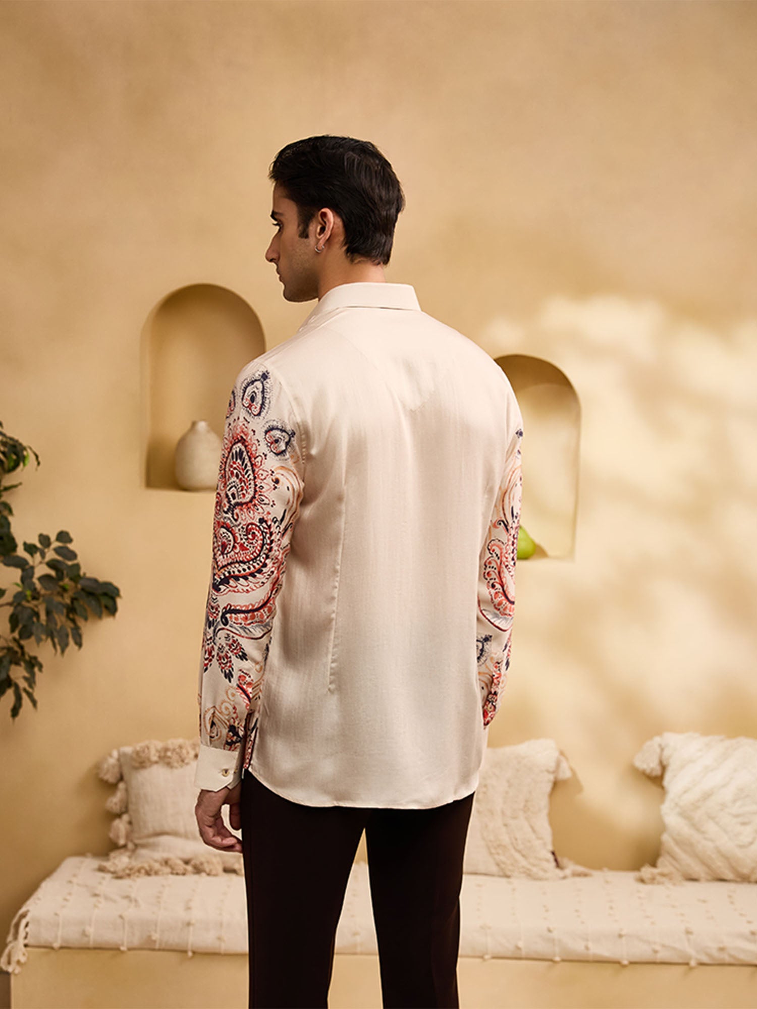 Beige Geometric Print Slim Fit Shirt