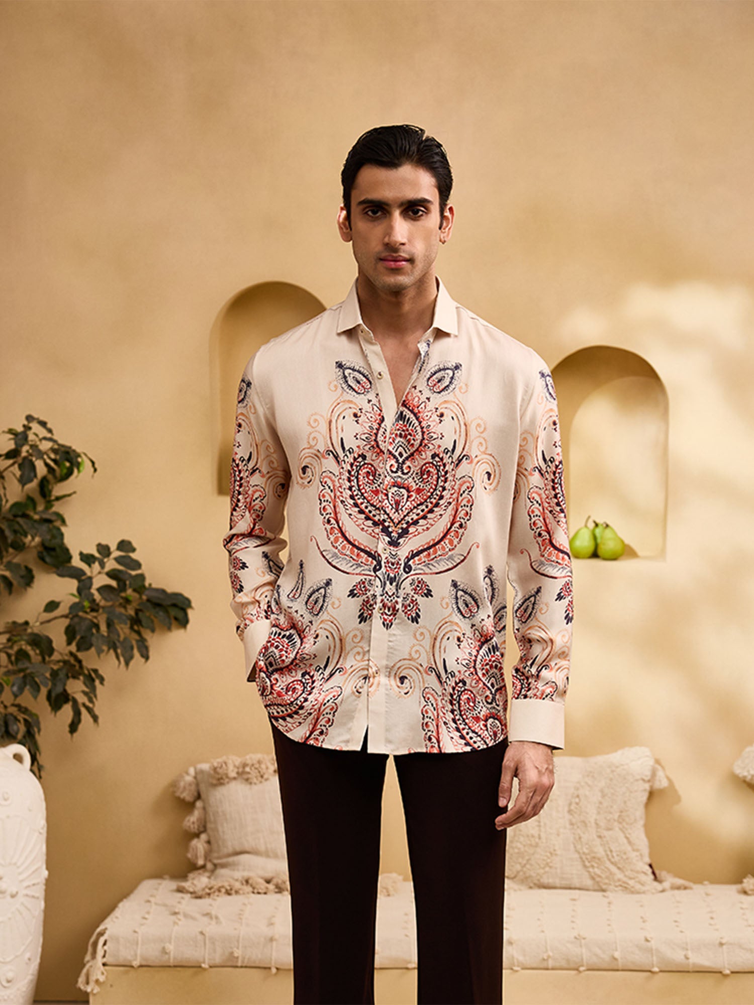 Beige Geometric Print Slim Fit Shirt