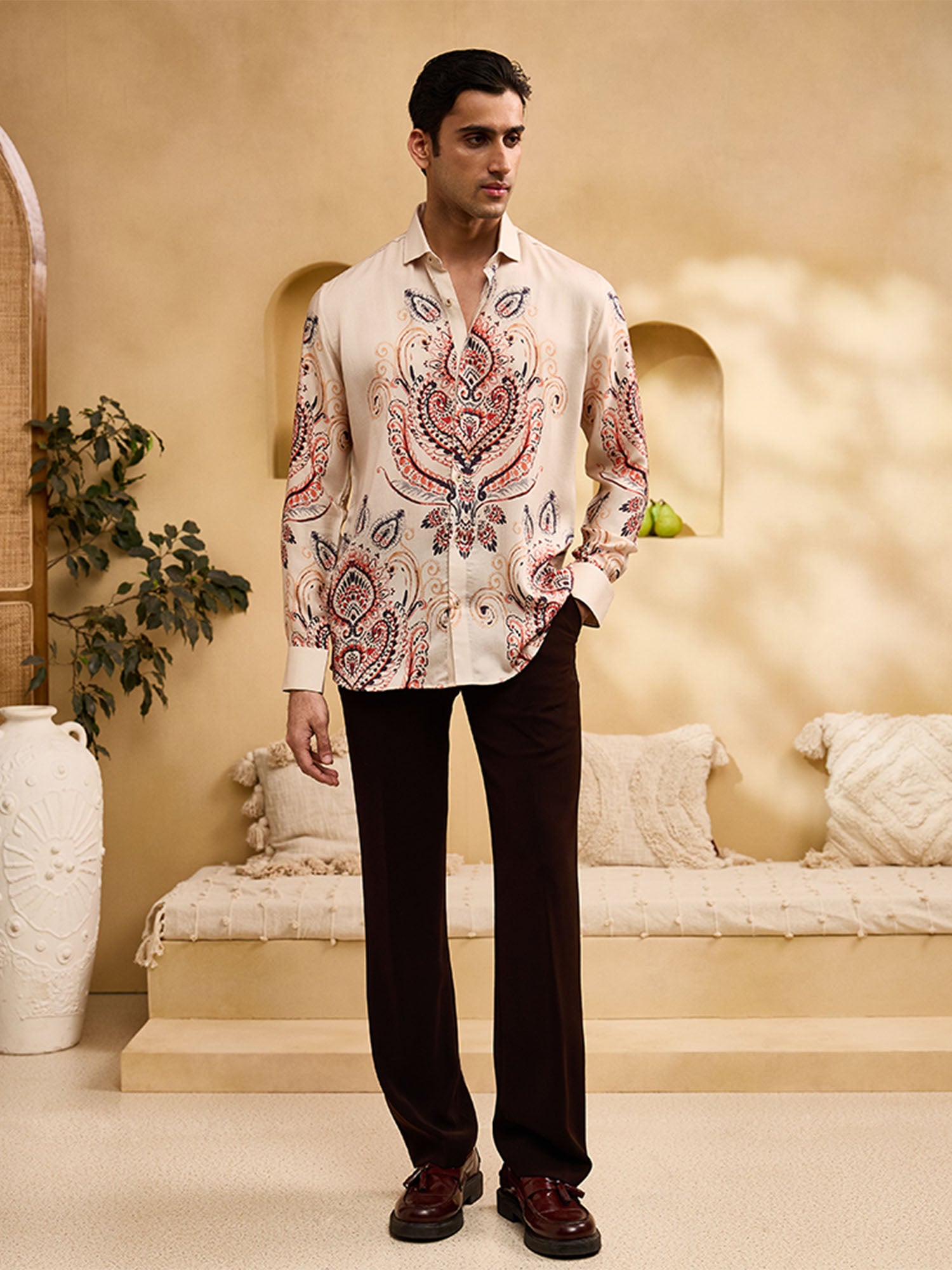 Beige Geometric Print Slim Fit Shirt