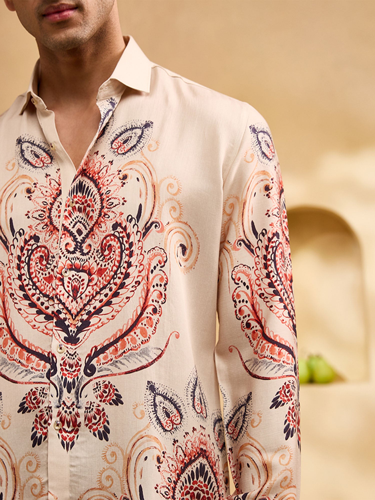 Beige Geometric Print Slim Fit Shirt