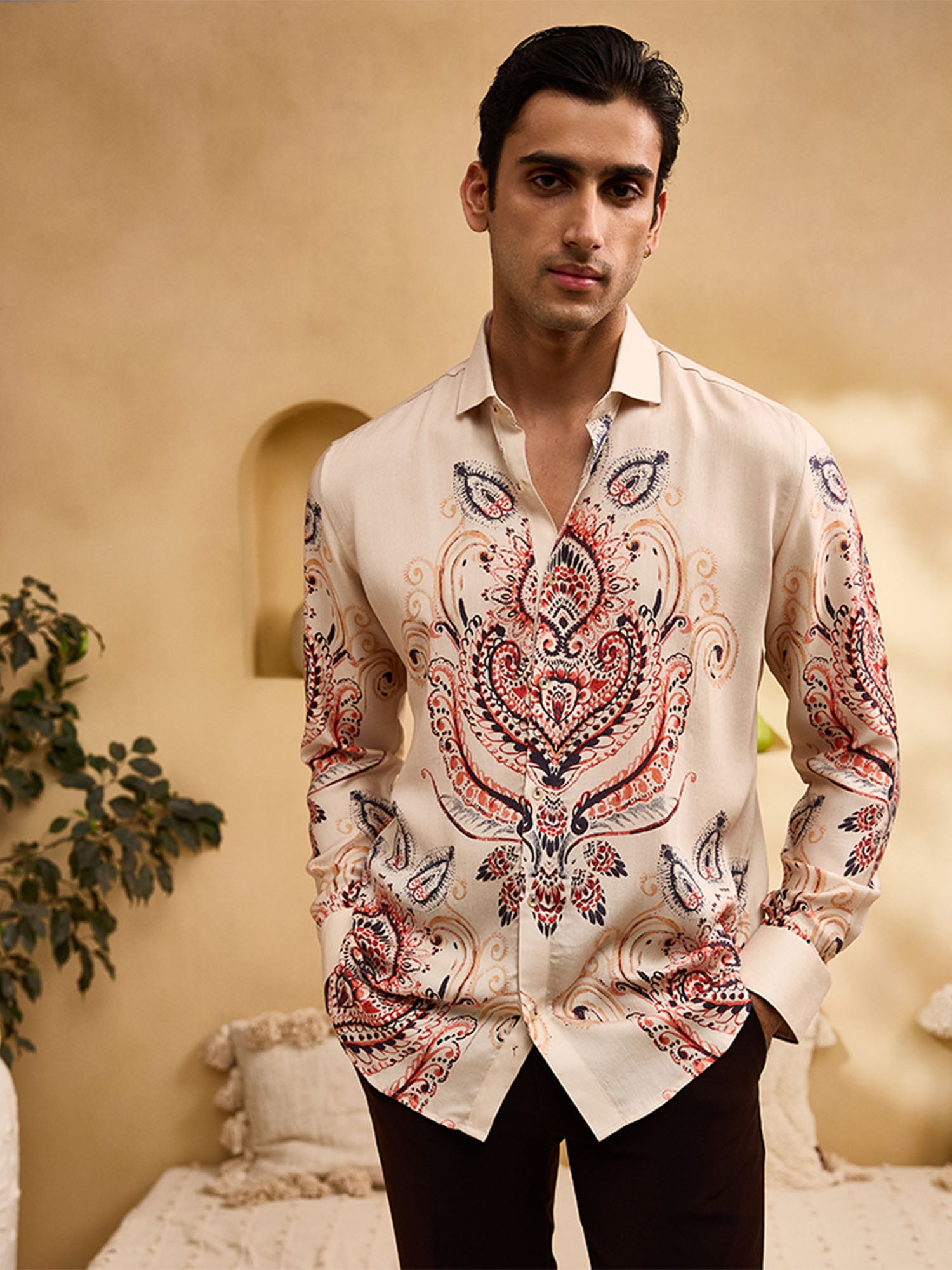 Beige Geometric Print Slim Fit Shirt