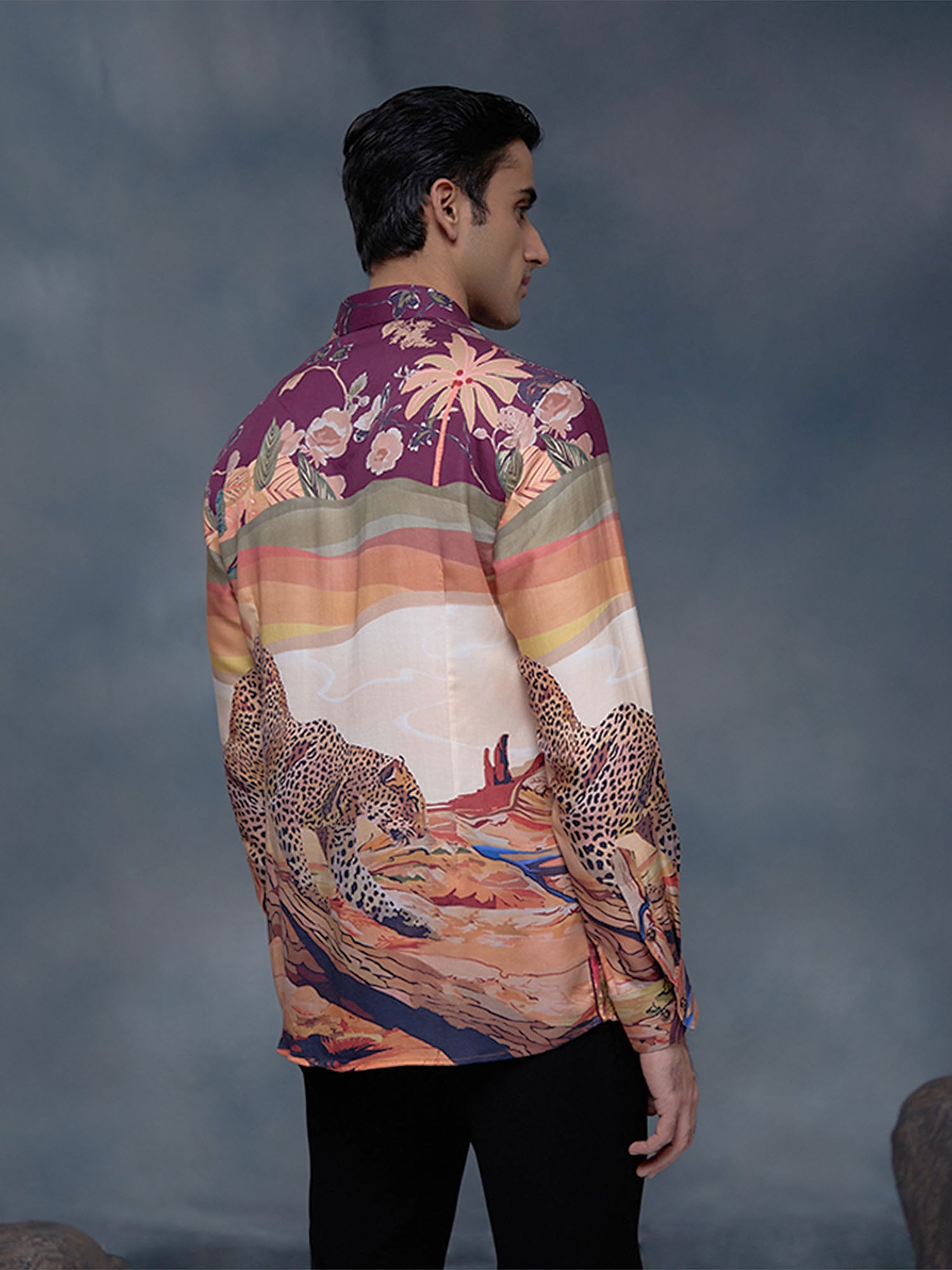 Multi Floral and Cheetah Print Slim Fit Shirt