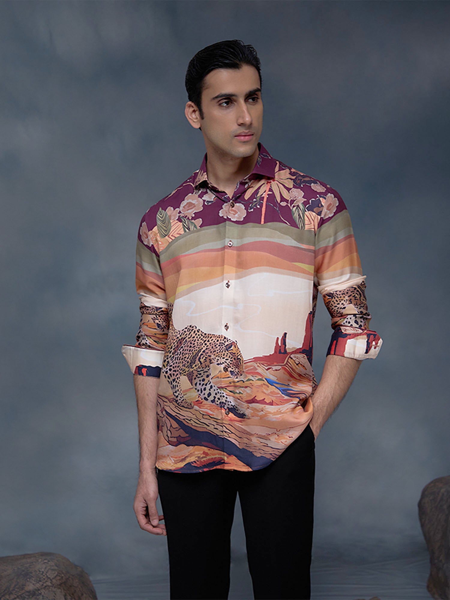 Multi Floral and Cheetah Print Slim Fit Shirt