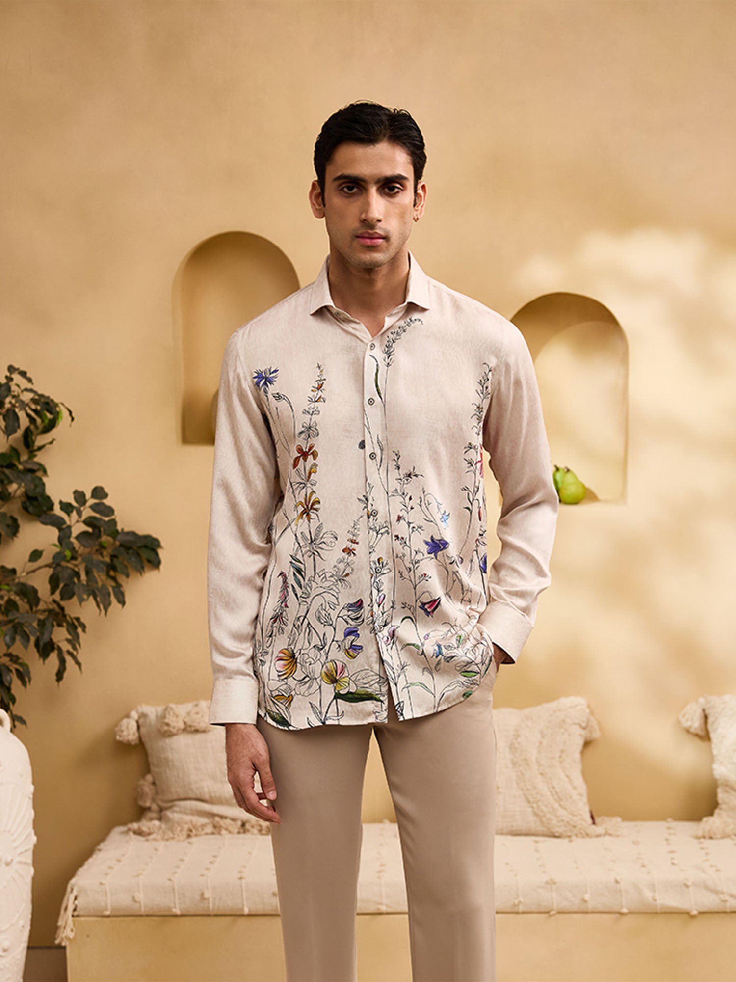 Beige Floral Print Slim Fit Shirt
