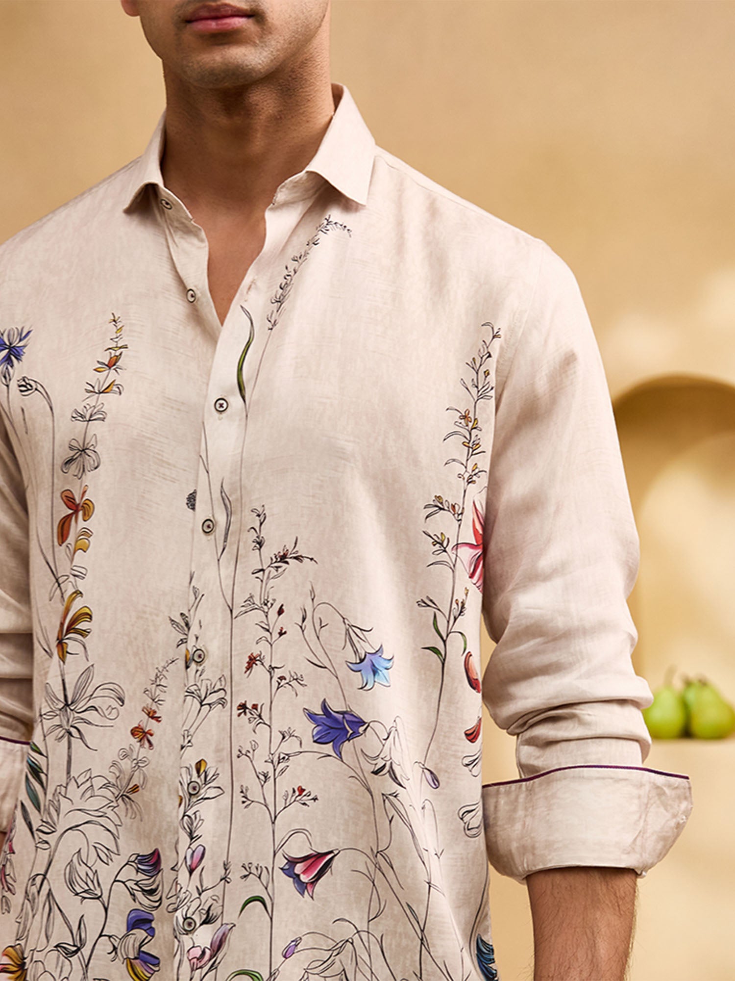 Beige Floral Print Slim Fit Shirt