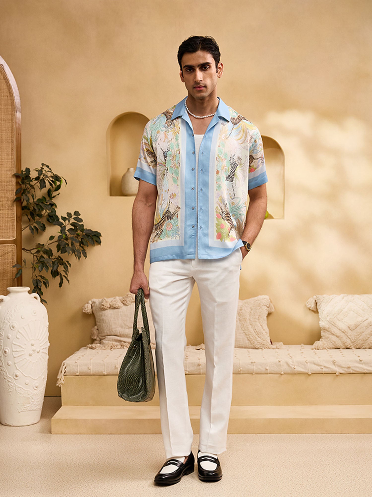 White Tiger and Blue Floral Cuban Regular Fit Shirt