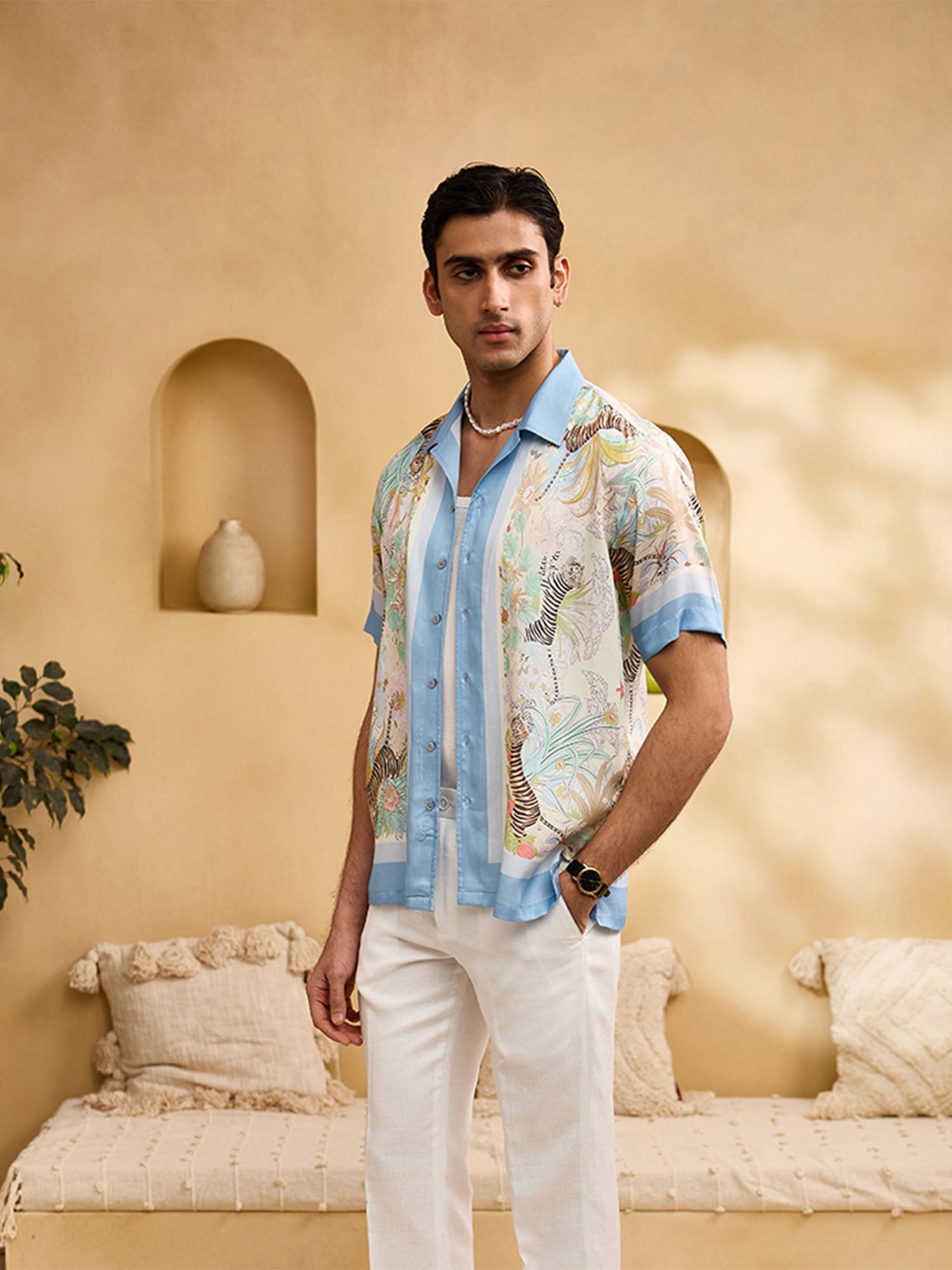 White Tiger and Blue Floral Cuban Regular Fit Shirt