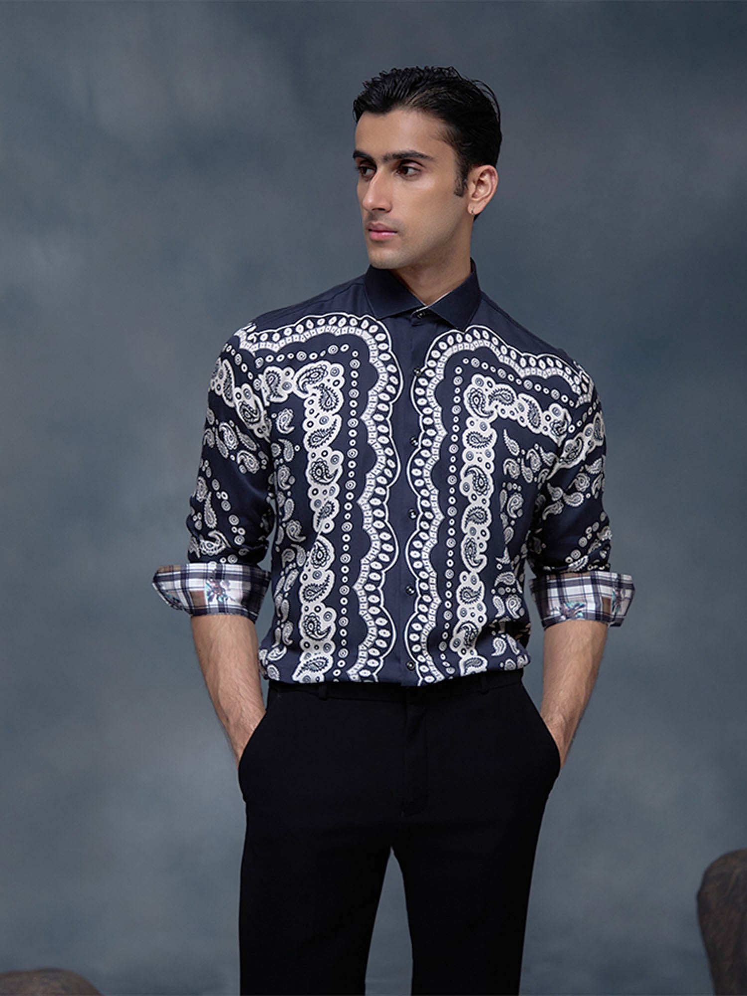 Black Geometric Print Slim Fit Shirt