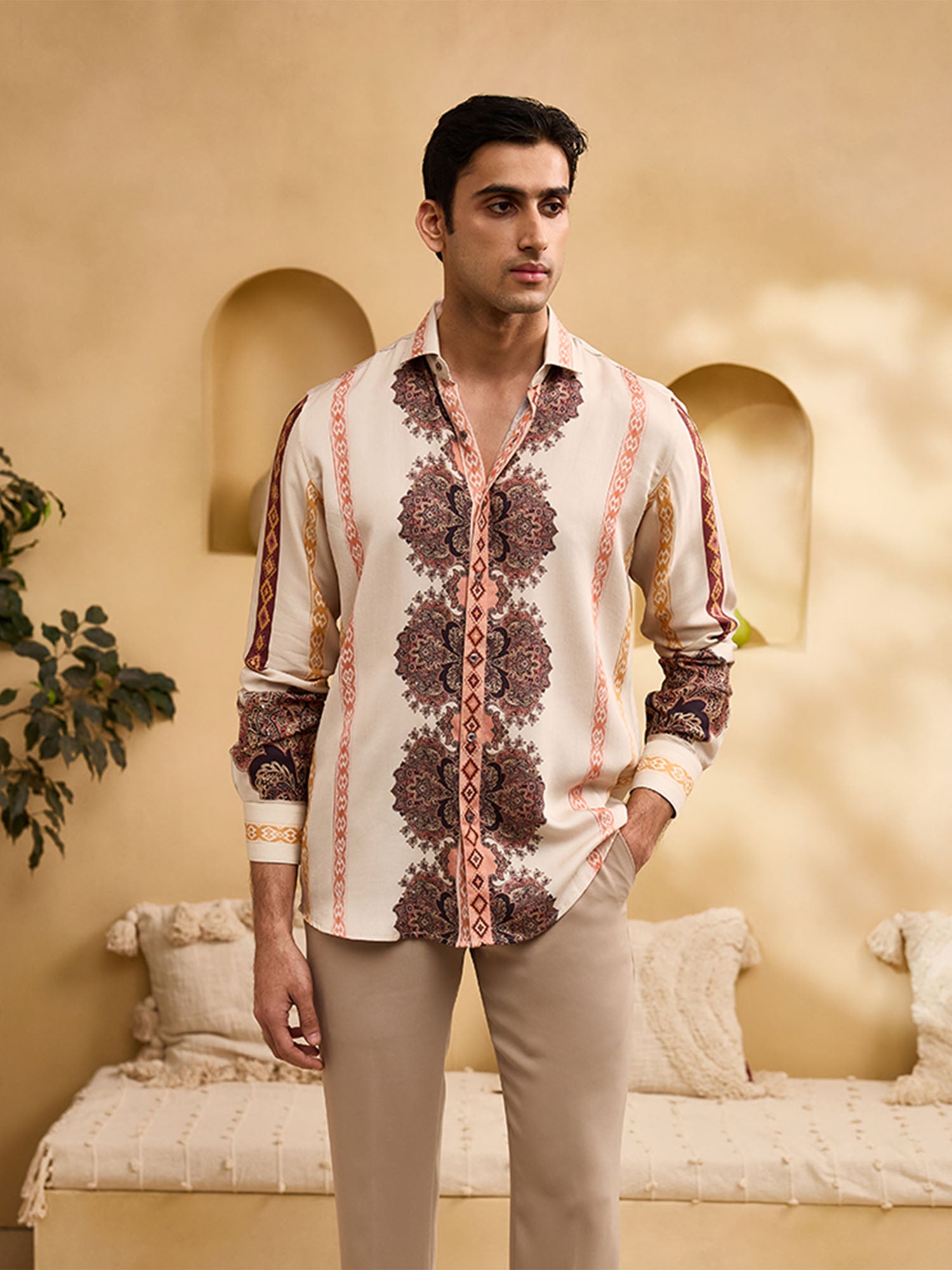 Beige Floral and Geometric Striped Print Slim Fit Shirt