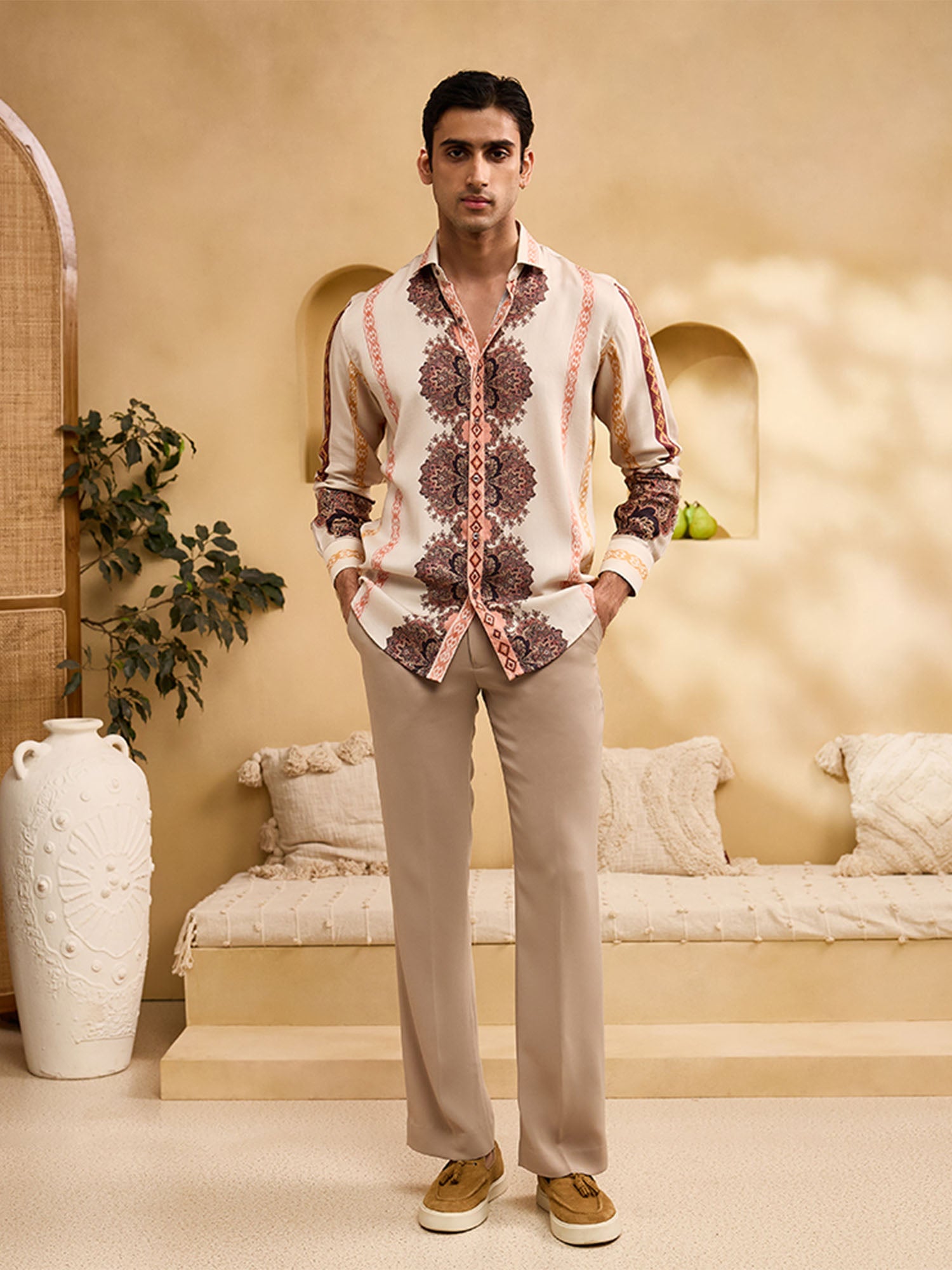 Beige Floral and Geometric Striped Print Slim Fit Shirt