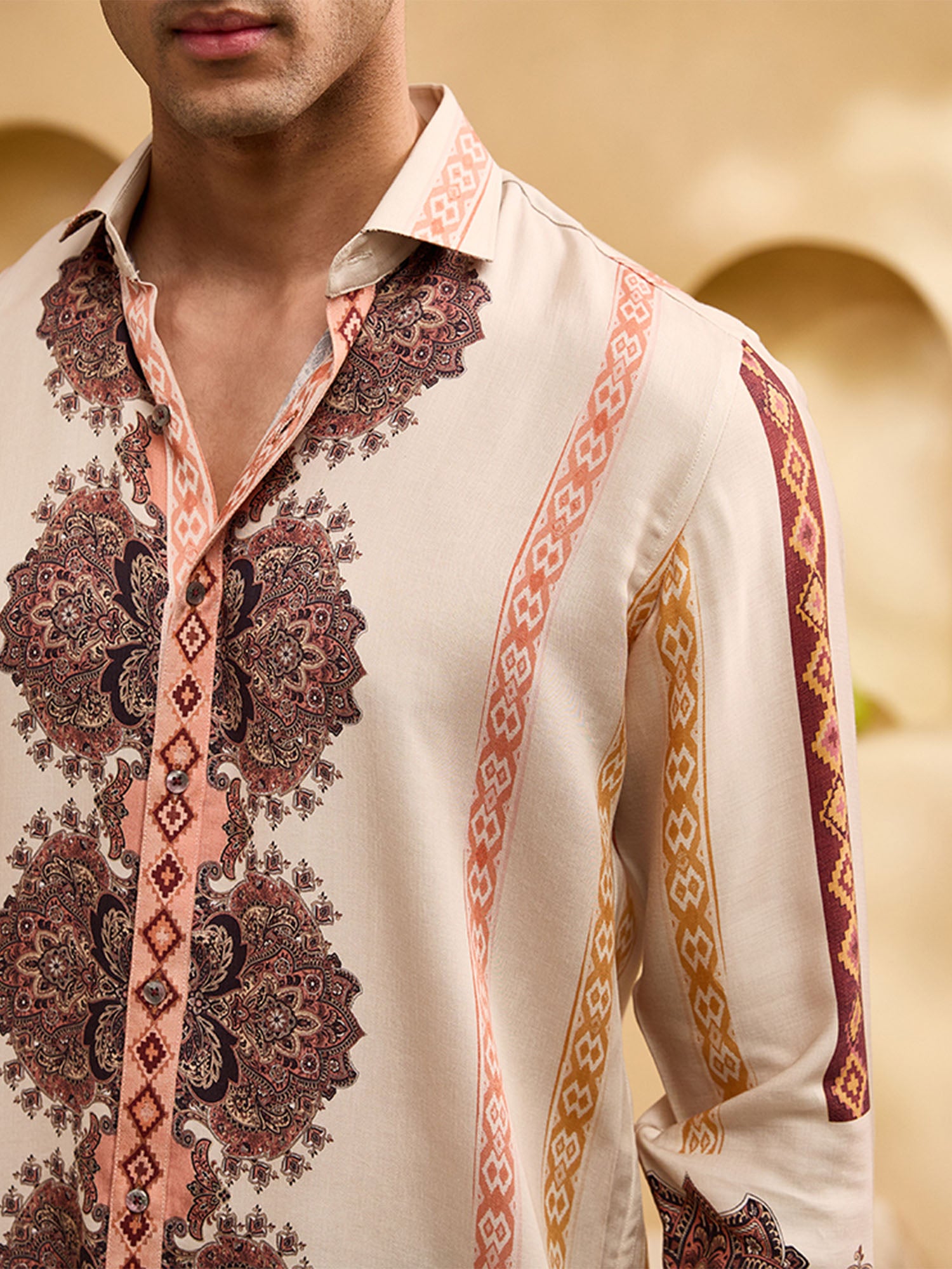 Beige Floral and Geometric Striped Print Slim Fit Shirt