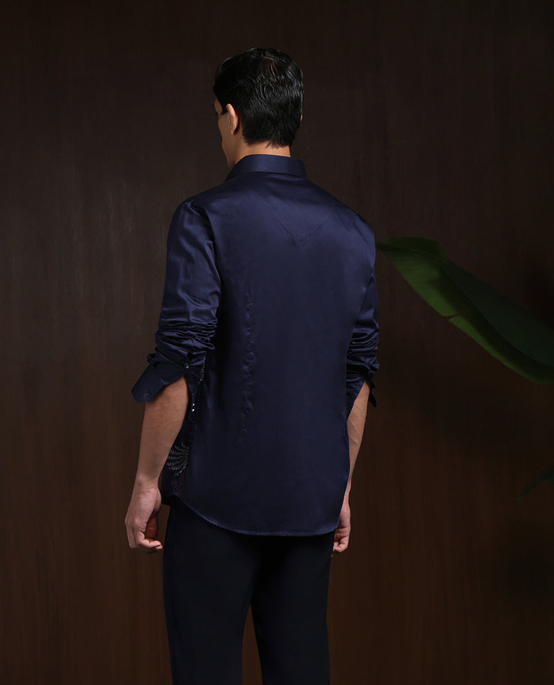 Navy Blue Slim Fit Cotton Shirt with Elegant Embroidery Detailing