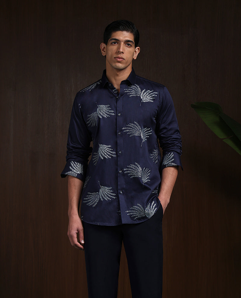 Navy Blue Slim Fit Cotton Shirt with Elegant Embroidery Detailing