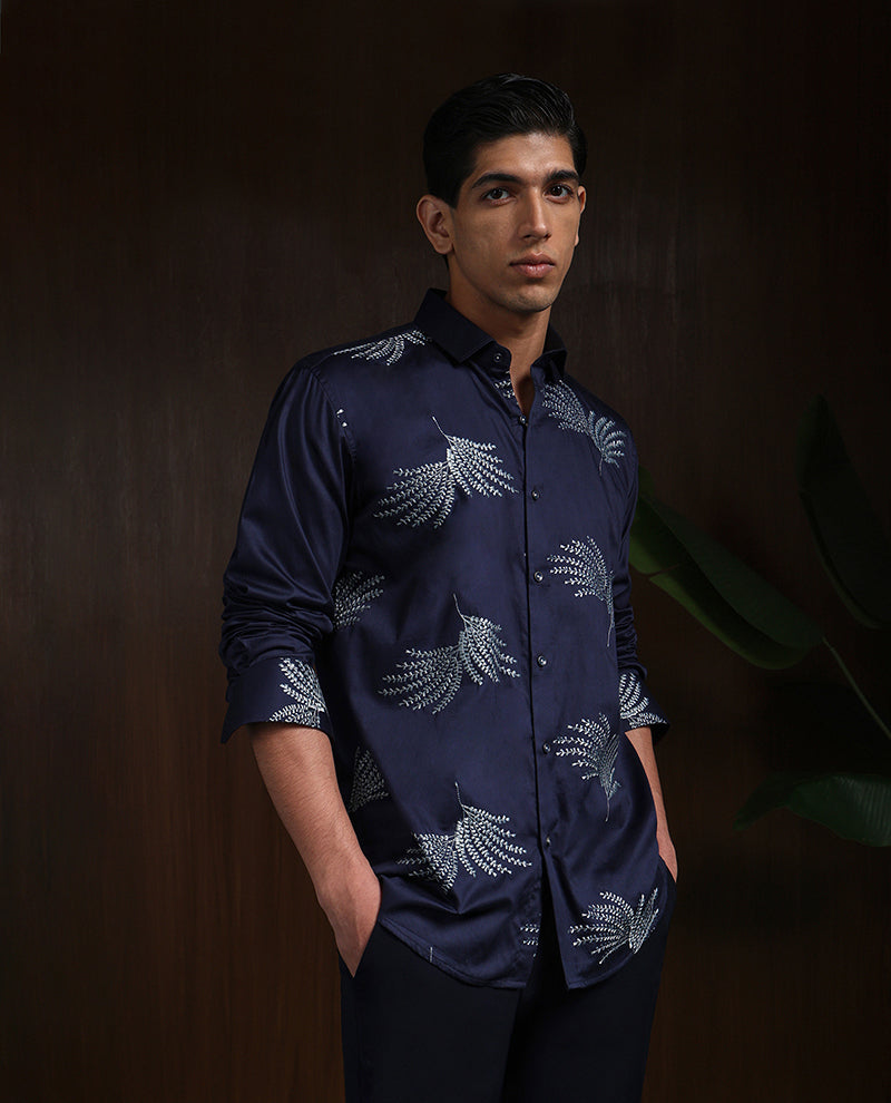 Navy Blue Slim Fit Cotton Shirt with Elegant Embroidery Detailing