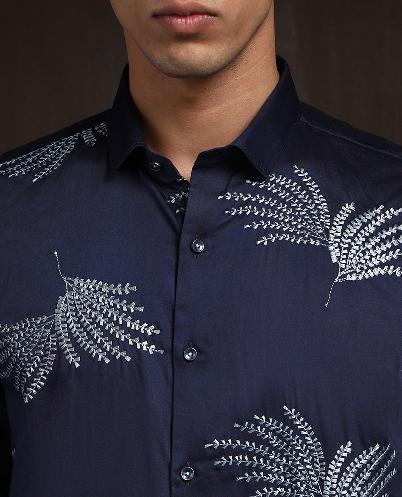 Navy Blue Slim Fit Cotton Shirt with Elegant Embroidery Detailing