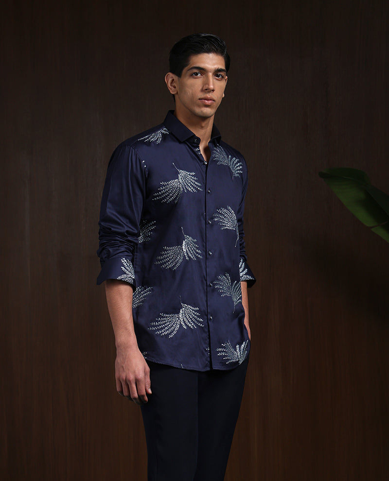 Navy Blue Slim Fit Cotton Shirt with Elegant Embroidery Detailing
