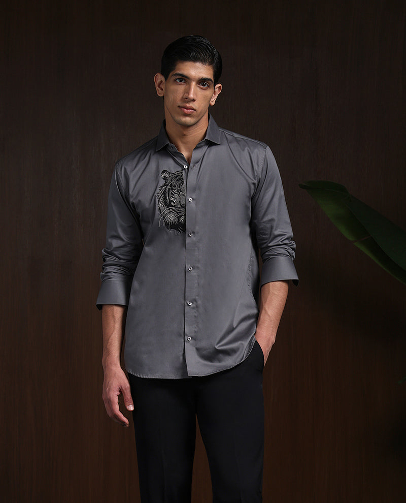 Dark Grey Slim Fit Cotton Shirt with Elegant Embroidery