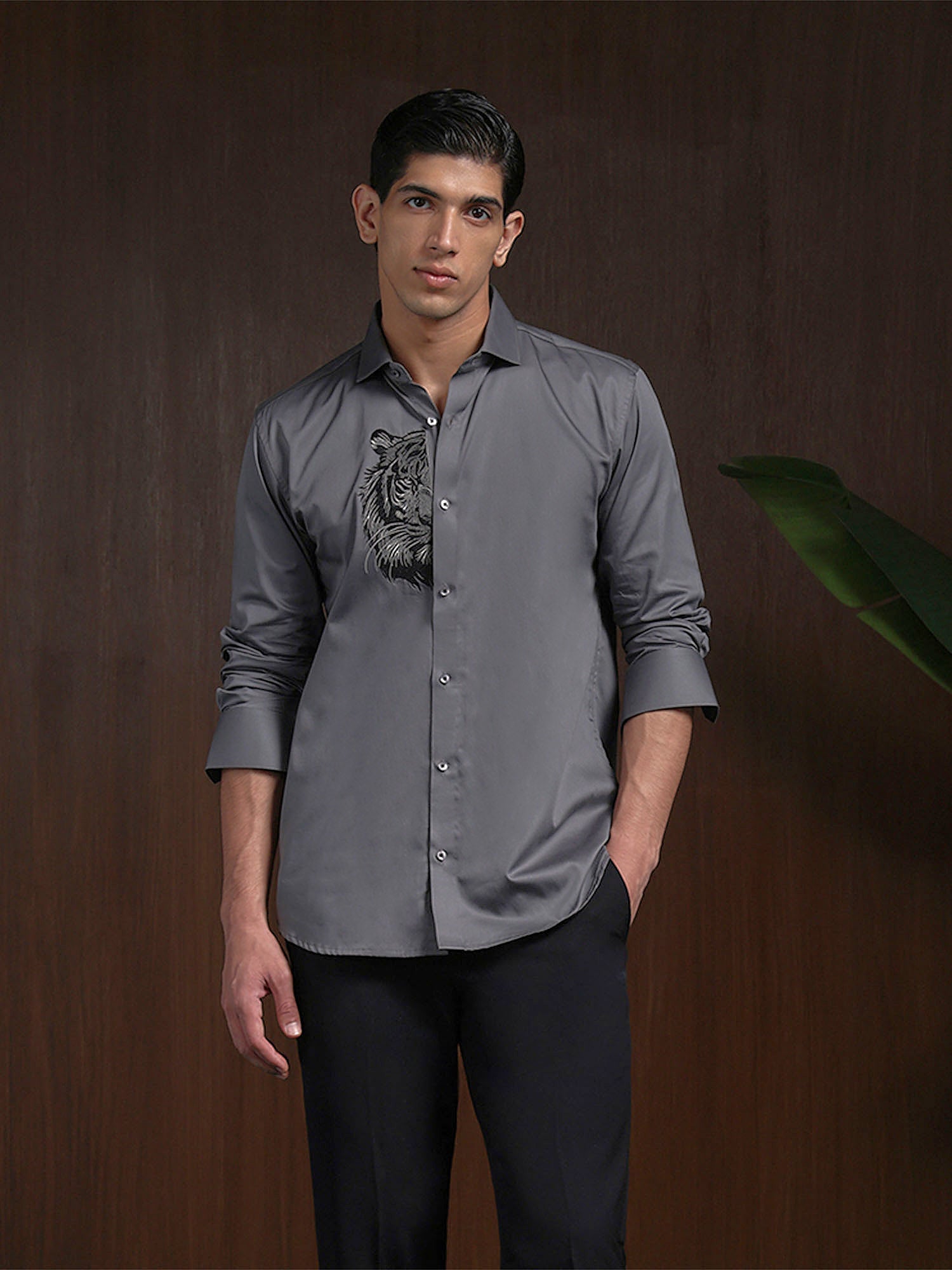 Dark Grey Slim Fit Cotton Shirt with Elegant Embroidery