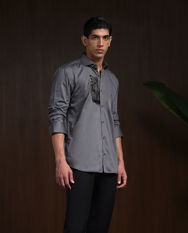 Dark Grey Slim Fit Cotton Shirt with Elegant Embroidery