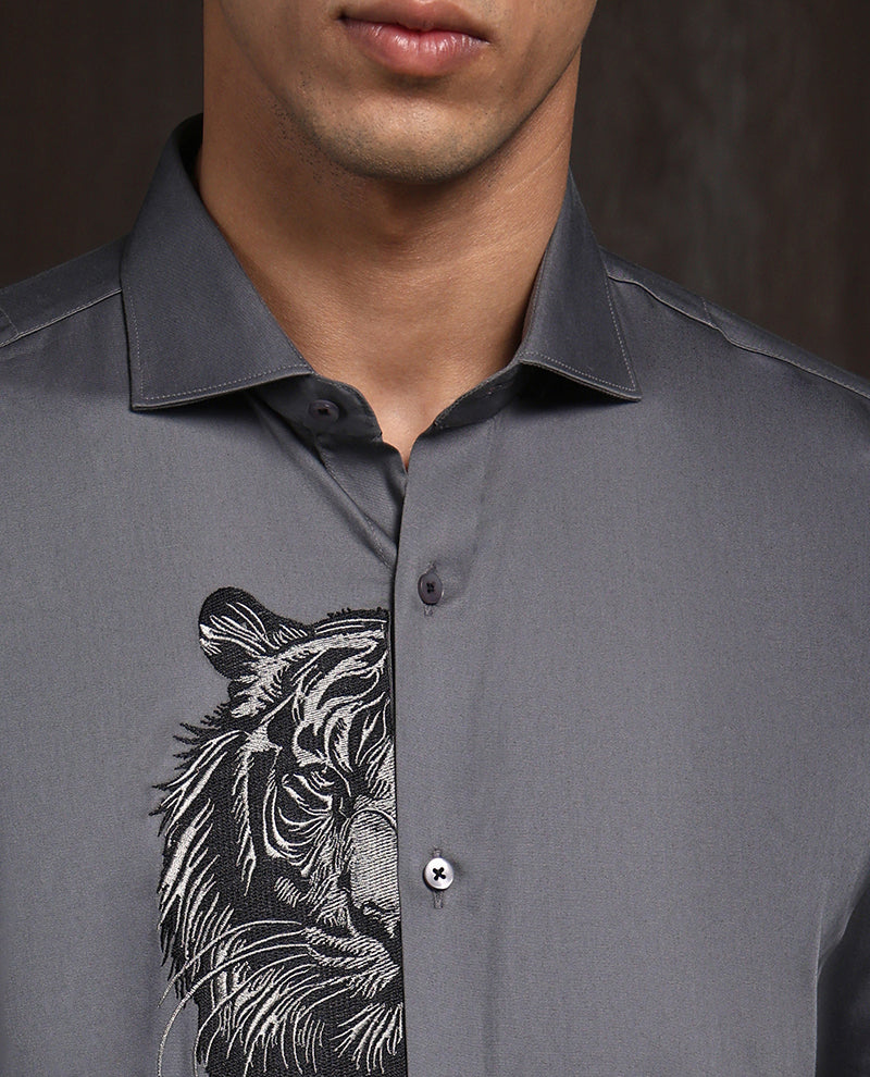 Dark Grey Slim Fit Cotton Shirt with Elegant Embroidery