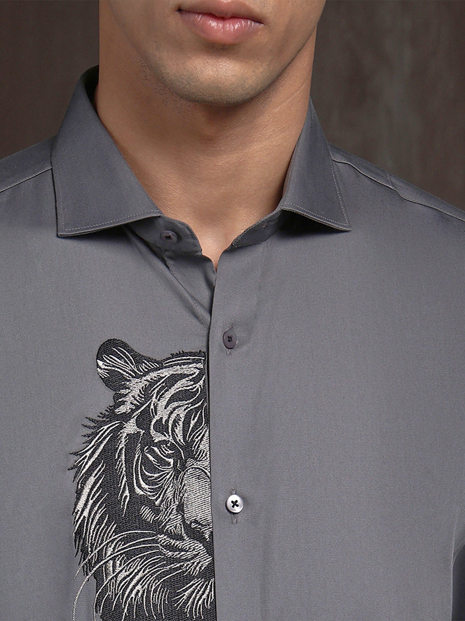 Dark Grey Slim Fit Cotton Shirt with Elegant Embroidery