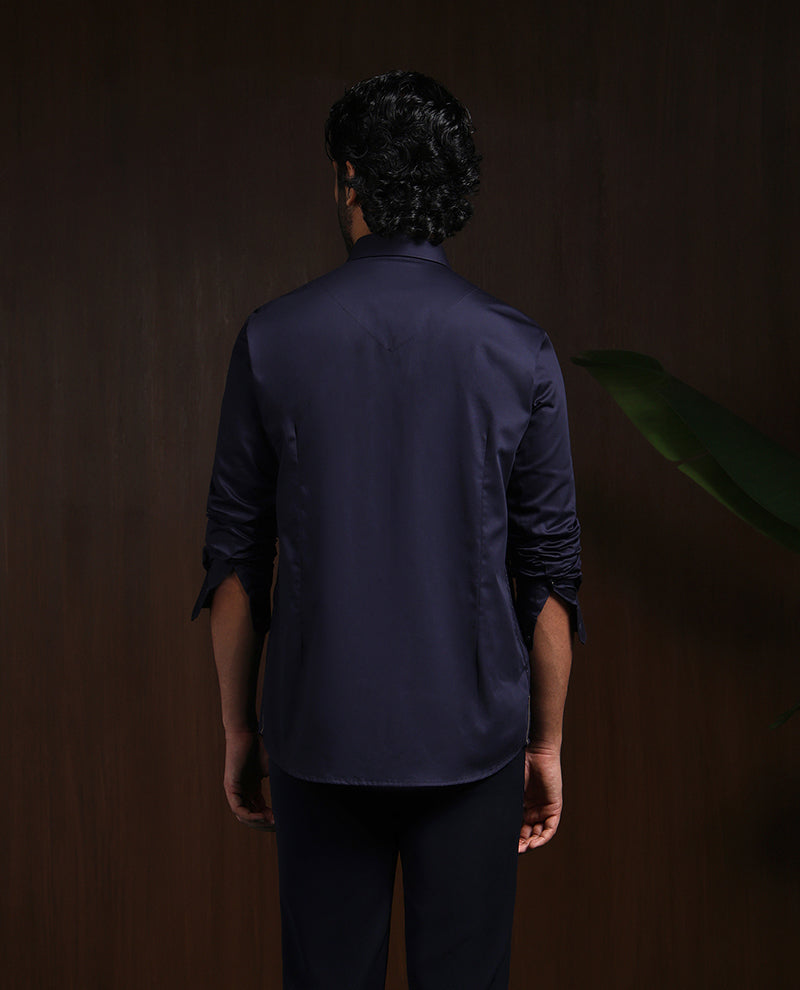 Navy Blue Motif Embroidered Premium Cotton Slim Fit Shirt