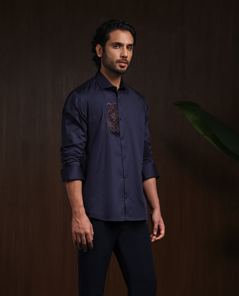Navy Blue Motif Embroidered Premium Cotton Slim Fit Shirt