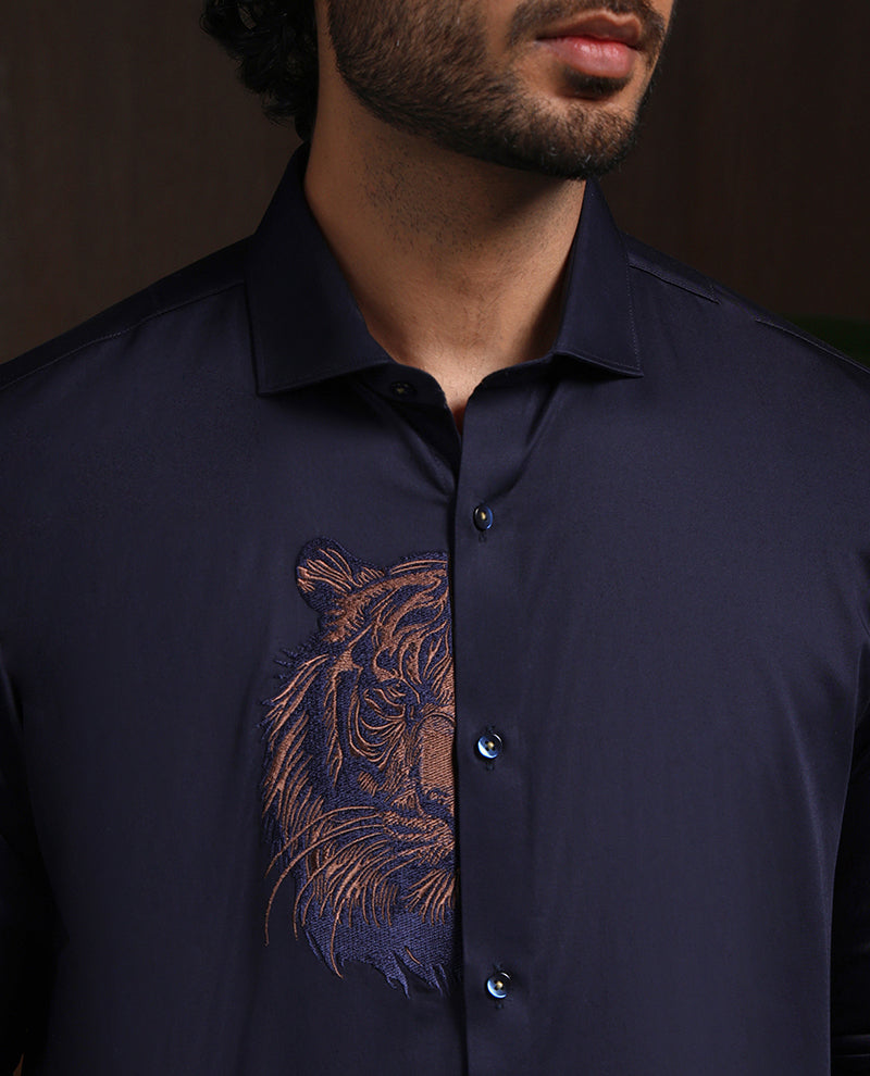 Navy Blue Motif Embroidered Premium Cotton Slim Fit Shirt