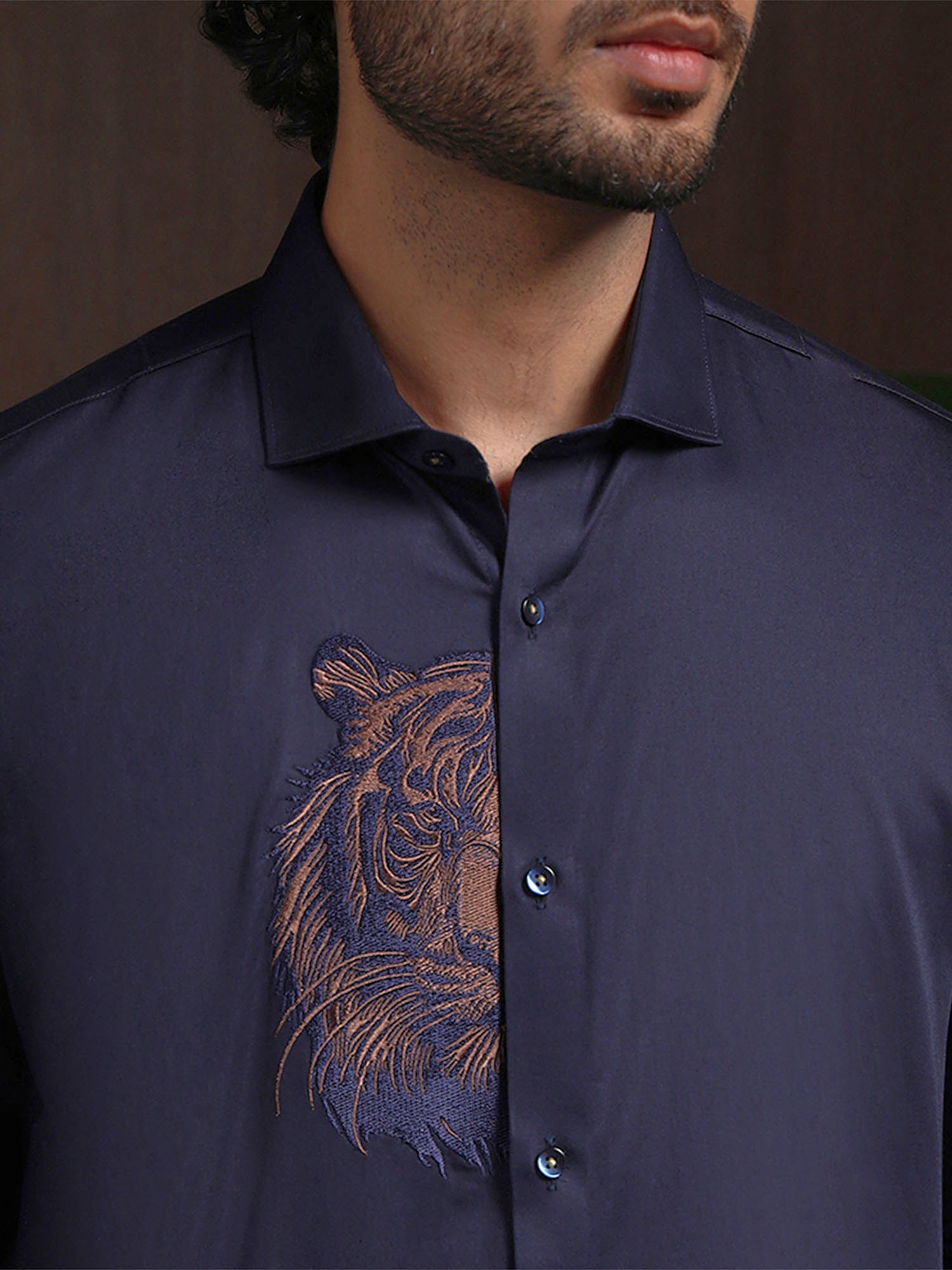 Navy Blue Motif Embroidered Premium Cotton Slim Fit Shirt