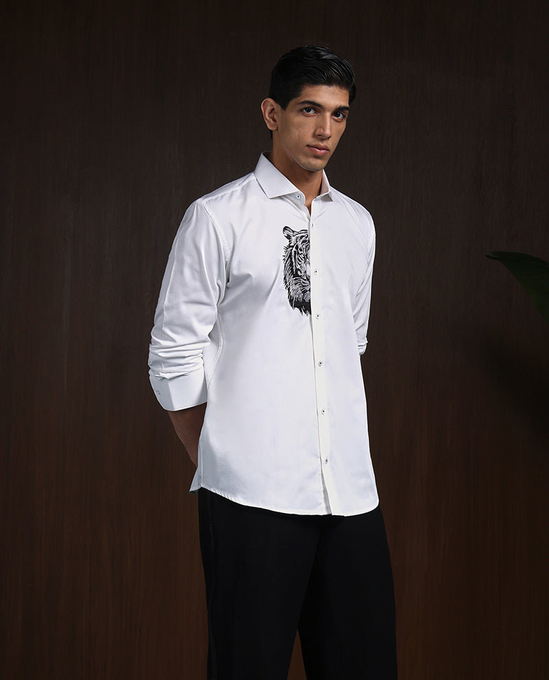 White Slim Fit Cotton Shirt with Refined Embroidery Detailing