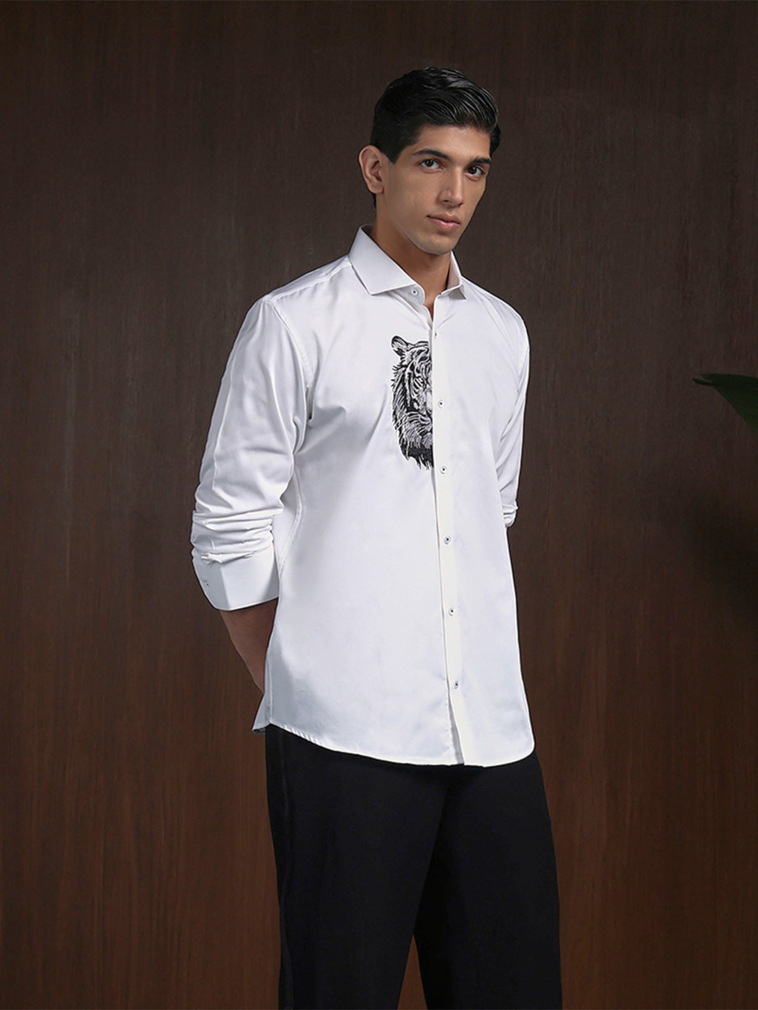 White Slim Fit Cotton Shirt with Refined Embroidery Detailing