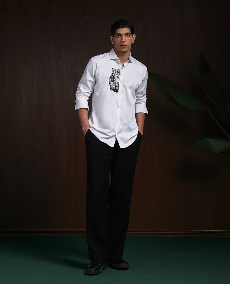 White Slim Fit Cotton Shirt with Refined Embroidery Detailing
