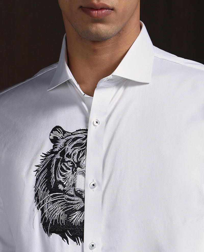 White Slim Fit Cotton Shirt with Refined Embroidery Detailing