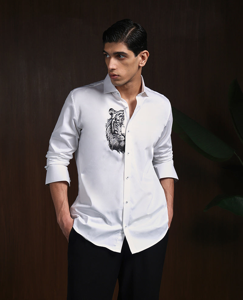 White Slim Fit Cotton Shirt with Refined Embroidery Detailing