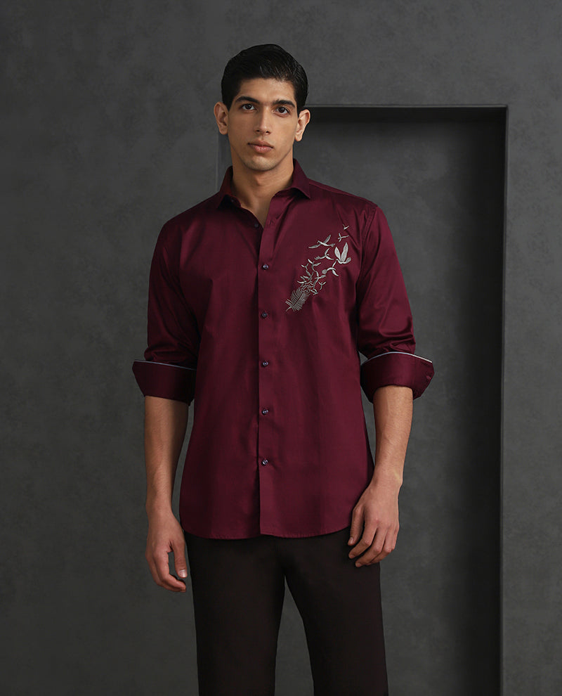 Maroon Slim Fit Cotton Shirt with Distinctive Embroideried Style