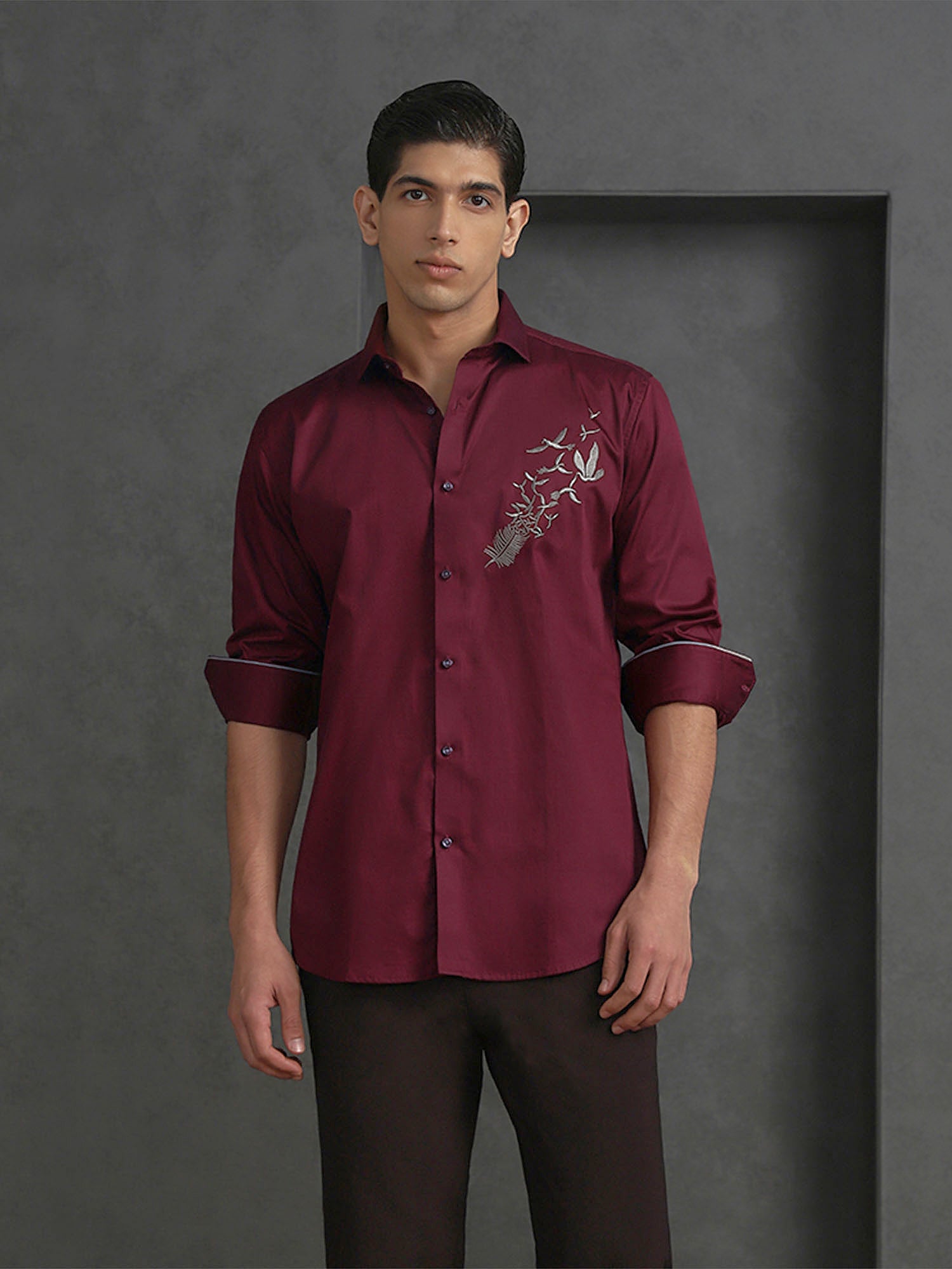 Maroon Slim Fit Cotton Shirt with Distinctive Embroideried Style