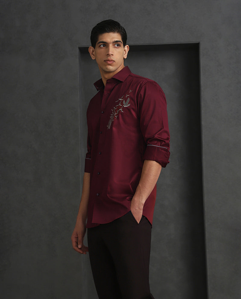 Maroon Slim Fit Cotton Shirt with Distinctive Embroideried Style