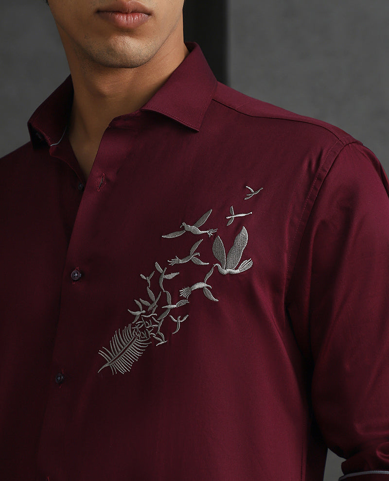 Maroon Slim Fit Cotton Shirt with Distinctive Embroideried Style