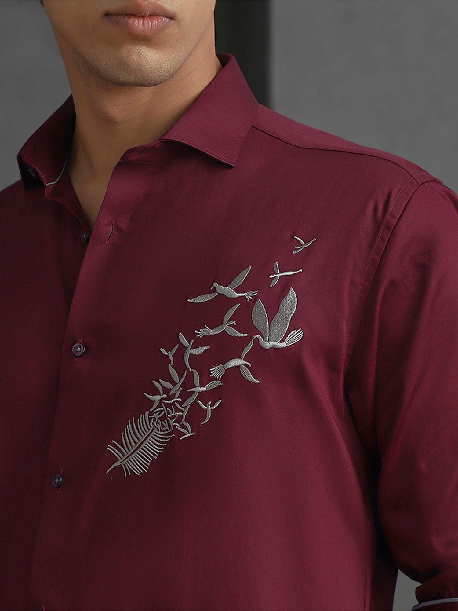 Maroon Slim Fit Cotton Shirt with Distinctive Embroideried Style