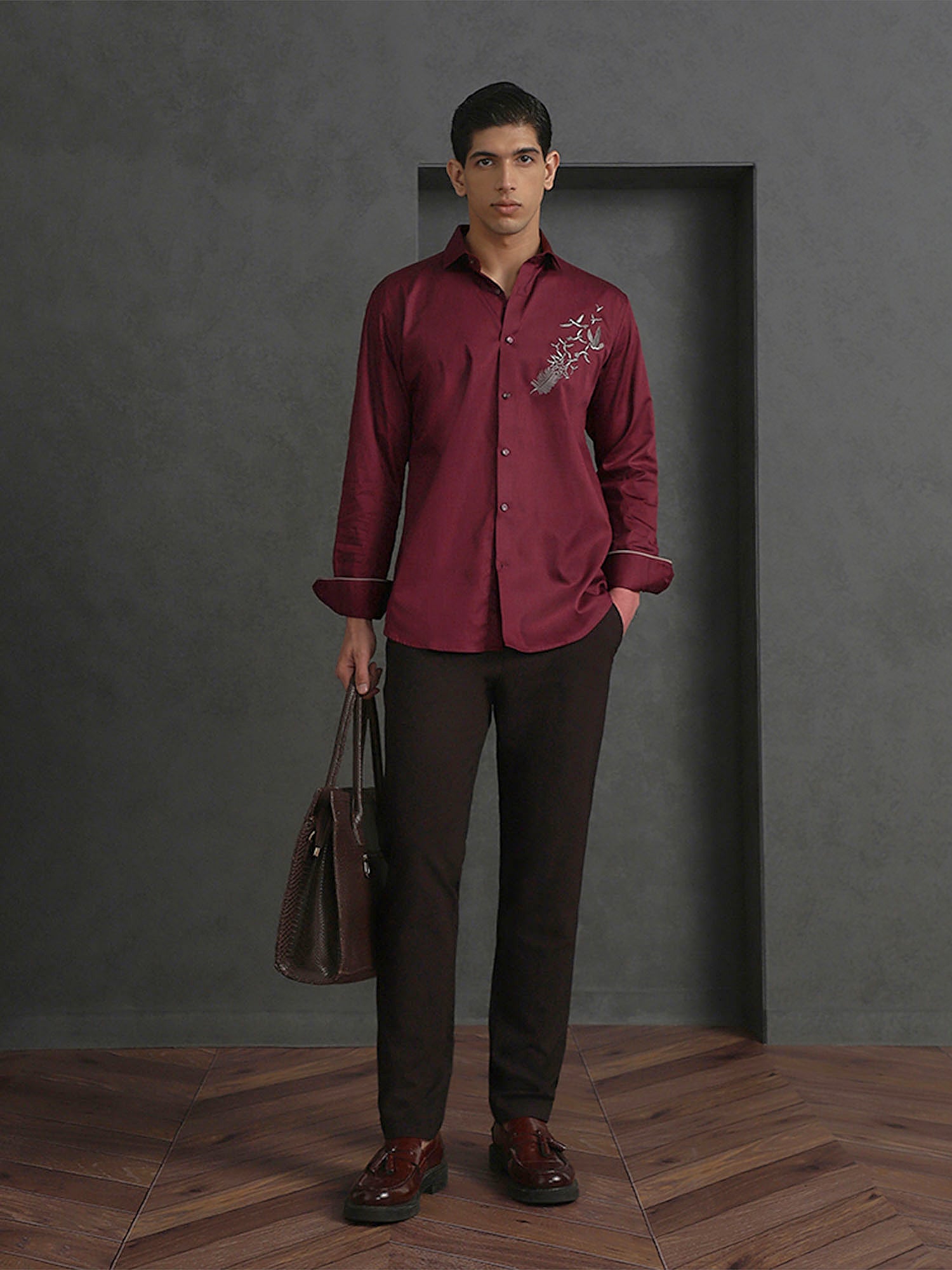 Maroon Slim Fit Cotton Shirt with Distinctive Embroideried Style