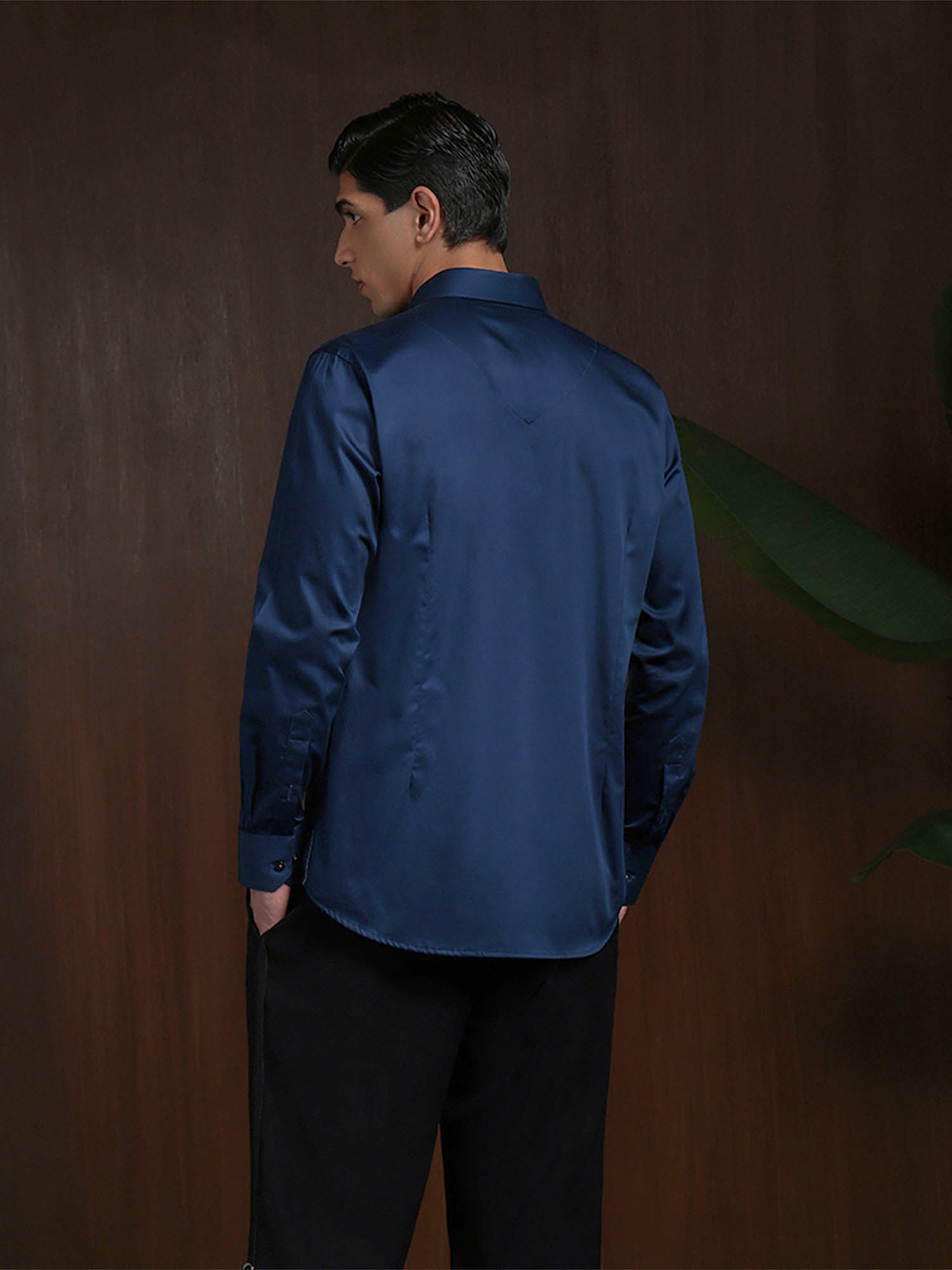 Navy Blue Slim Fit Cotton Shirt with Bold Contemporary Embroidery