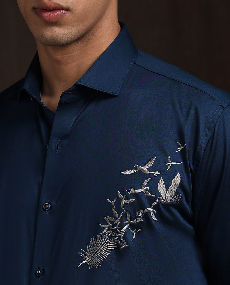 Navy Blue Slim Fit Cotton Shirt with Bold Contemporary Embroidery