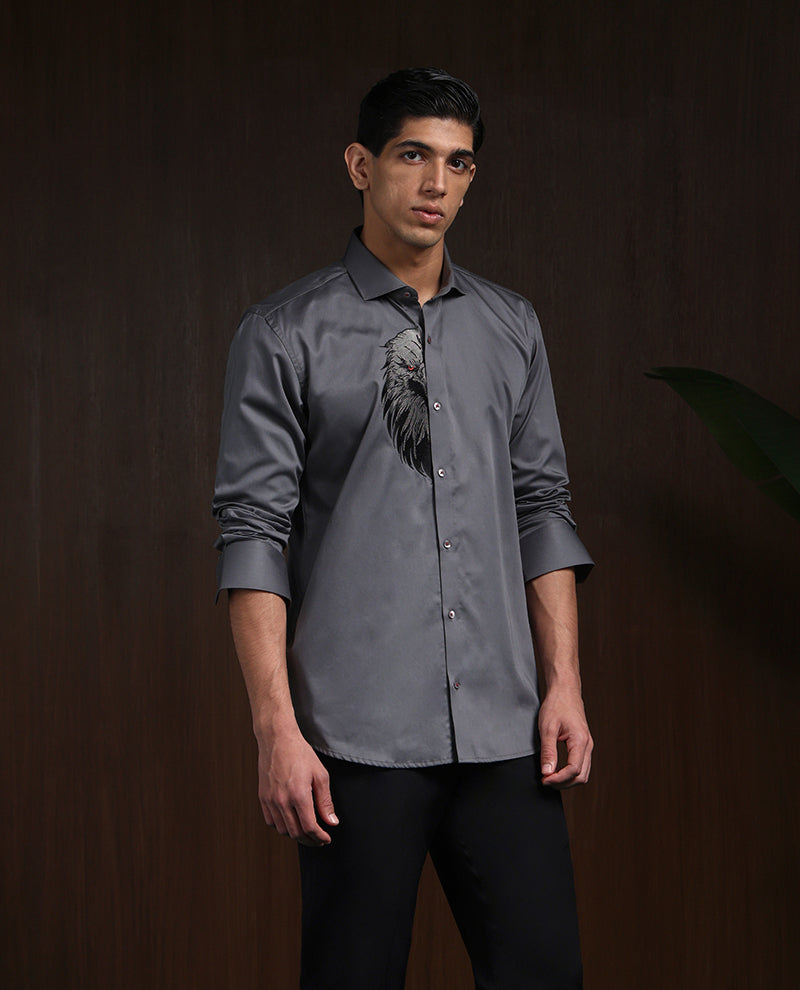 Dark Grey Slim Fit Cotton Shirt with Sophisticated Embroidery