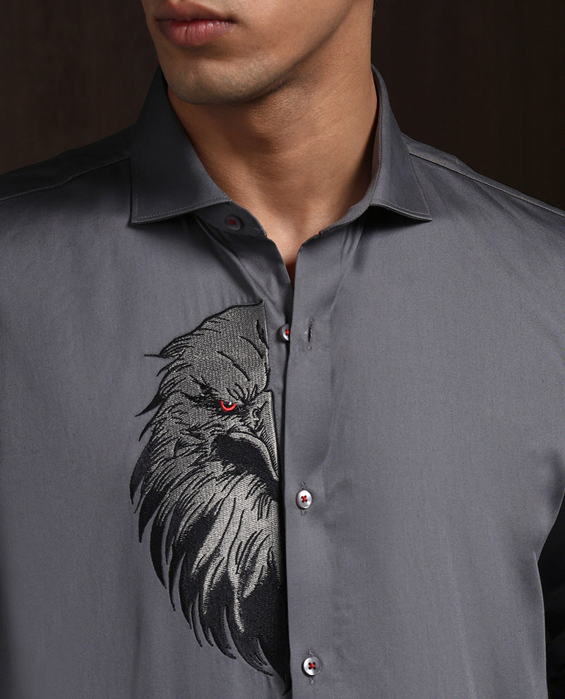 Dark Grey Slim Fit Cotton Shirt with Sophisticated Embroidery