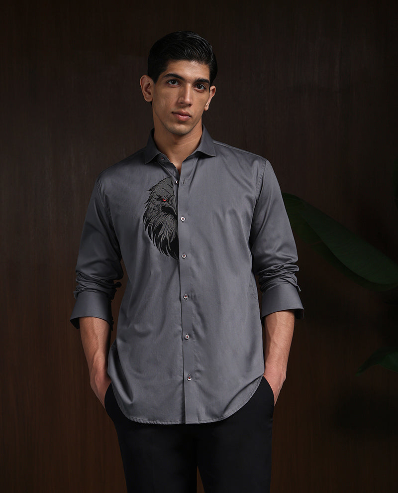 Dark Grey Slim Fit Cotton Shirt with Sophisticated Embroidery