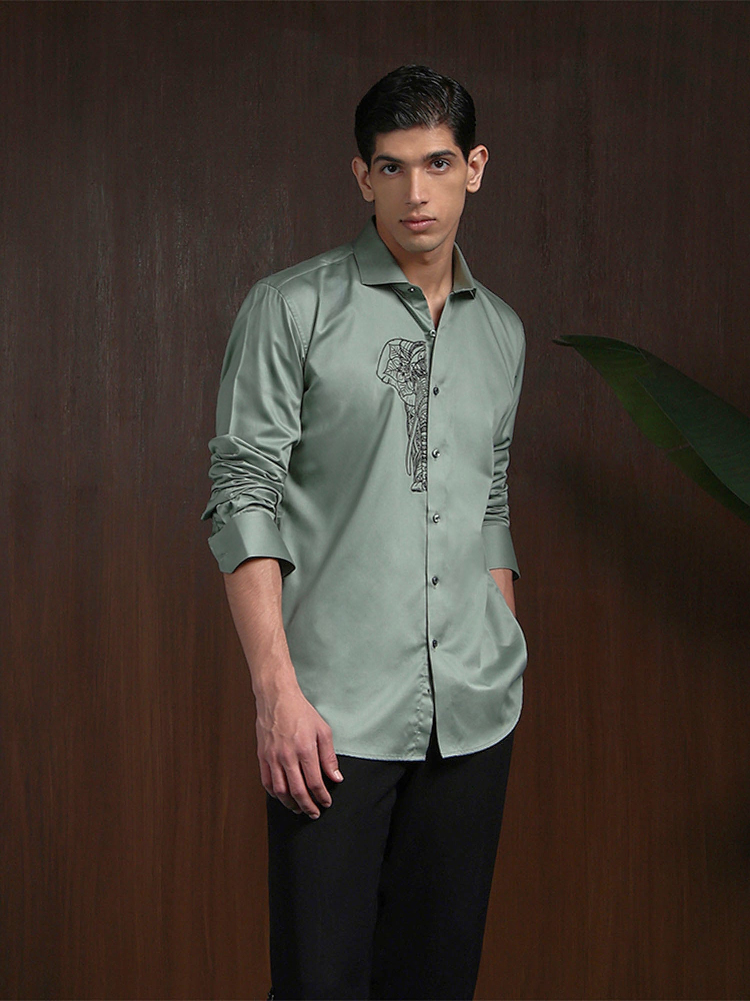 Pista Green Slim Fit Cotton Shirt with Refined Embroidery