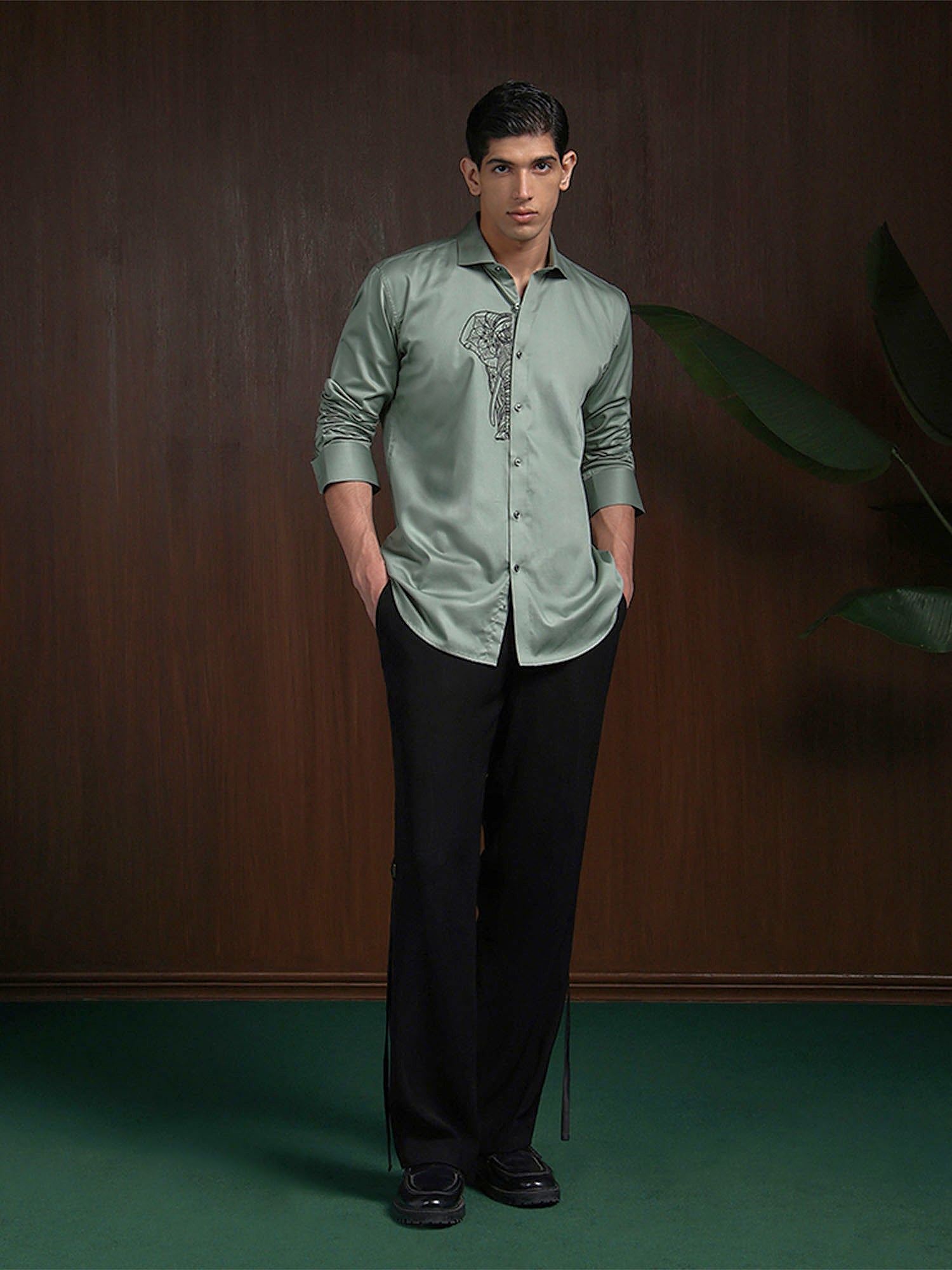 Pista Green Slim Fit Cotton Shirt with Refined Embroidery