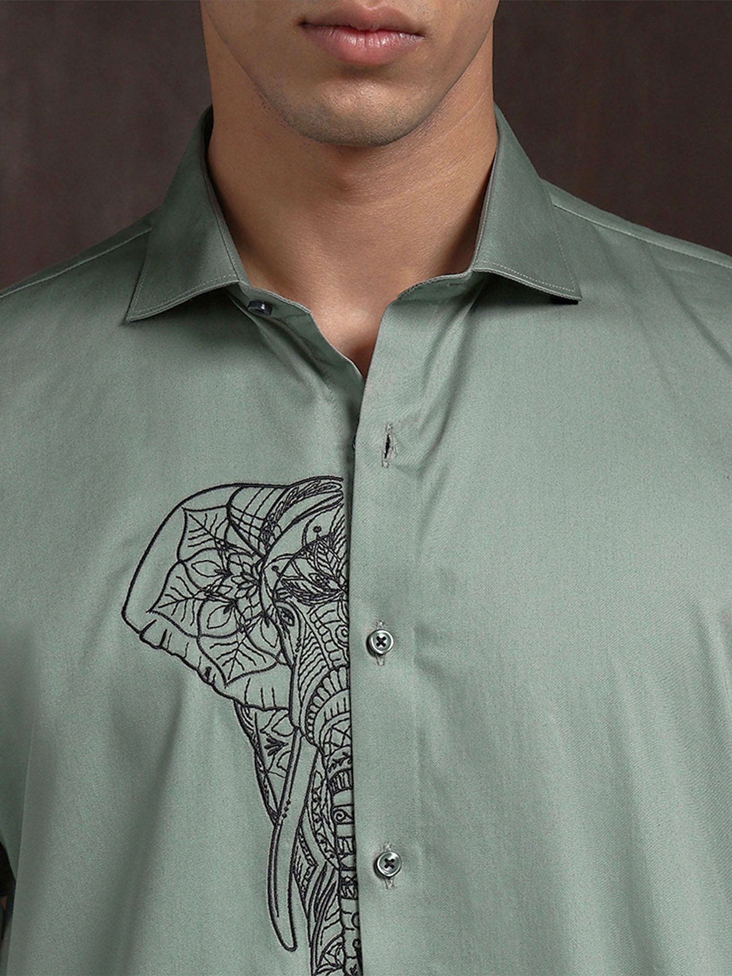 Pista Green Slim Fit Cotton Shirt with Refined Embroidery