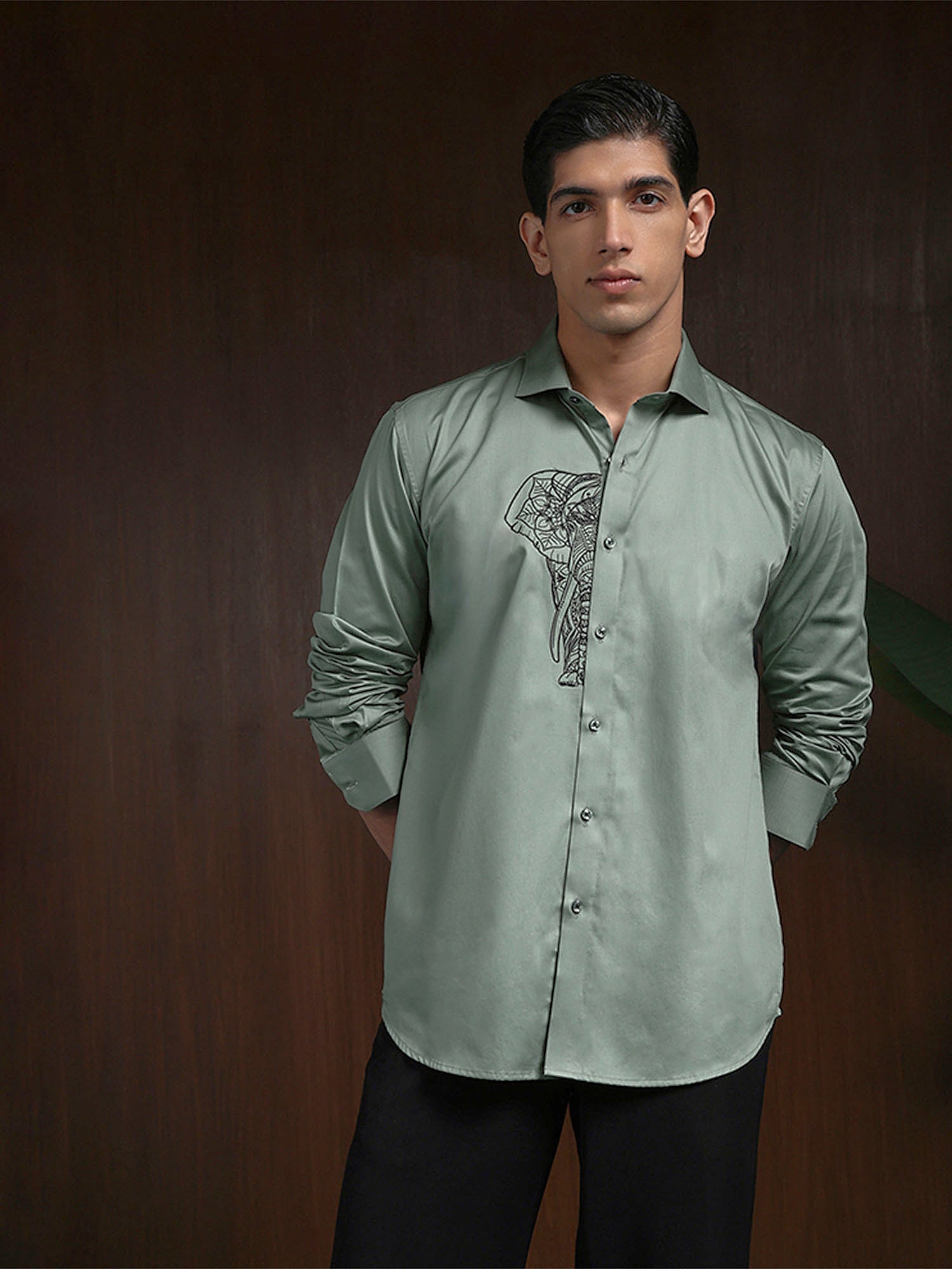 Pista Green Slim Fit Cotton Shirt with Refined Embroidery